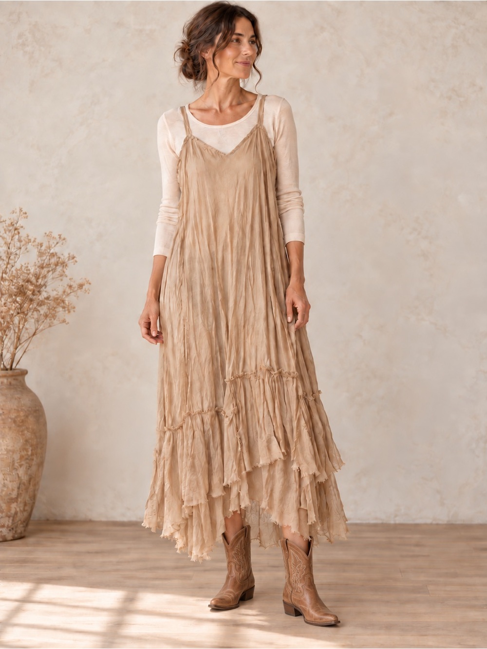 Homefrocks Silk Midi Dress Women’s Medium Lagenlook Boho Semi Sheer B2